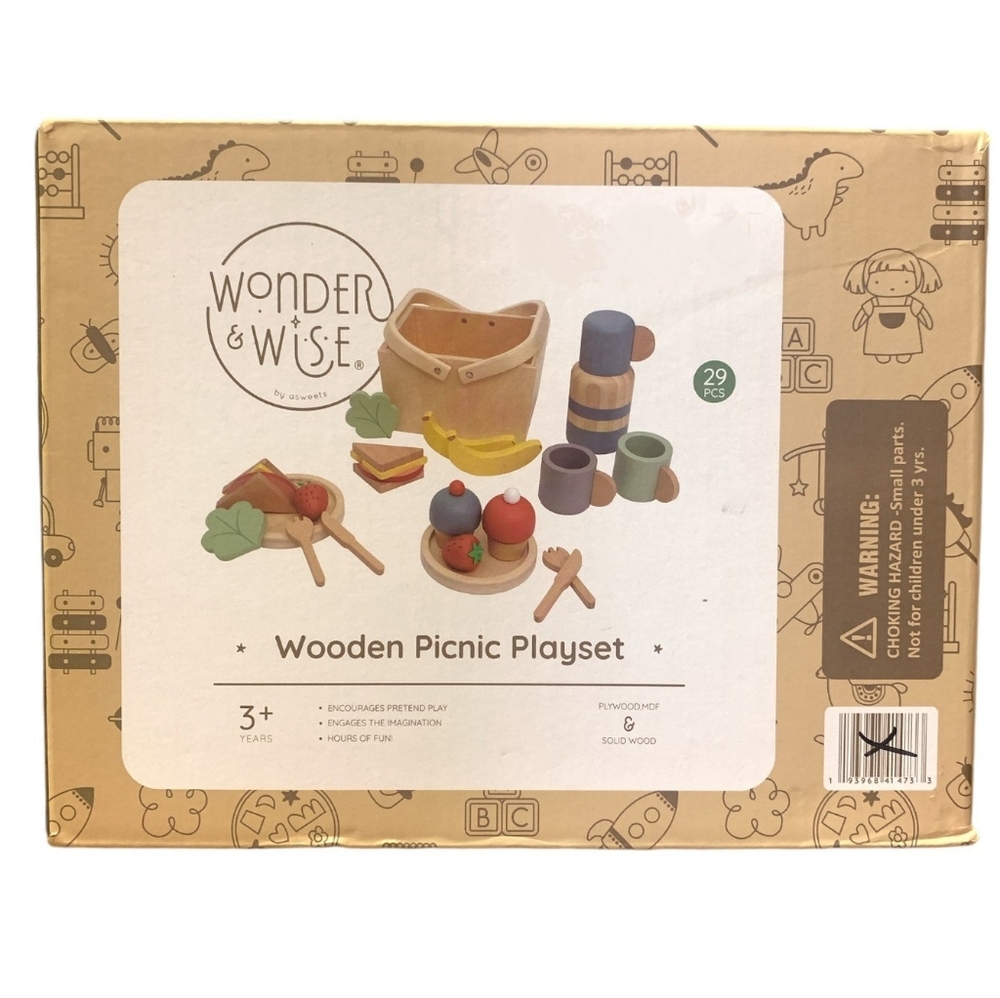 Wonder & Wise 29-Piece Wooden Picnic Playset, Water Bottle/Fruit & Vegetable Set